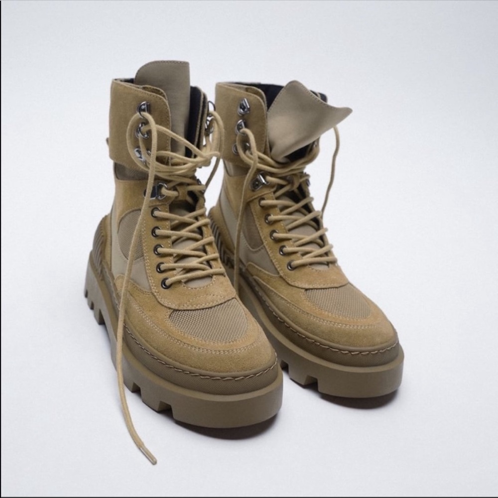 ZARA Laced Split Leather Low Heel Ankle Boots in Khaki Size 8 NWT - Picture 2 of 7